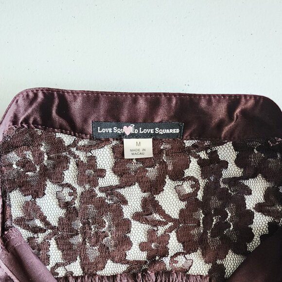 LOVE SQUARED Brown Satin Drawstring Button Blouse w/ Lace Detailing Top Shirt - Picture 5 of 9